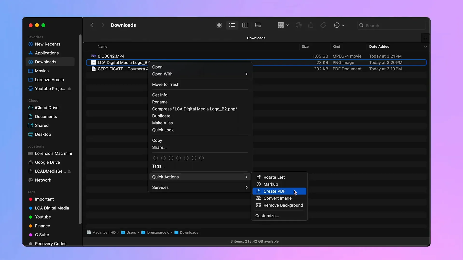 macOS Finder Quick Actions menu with PDF and image conversion options
