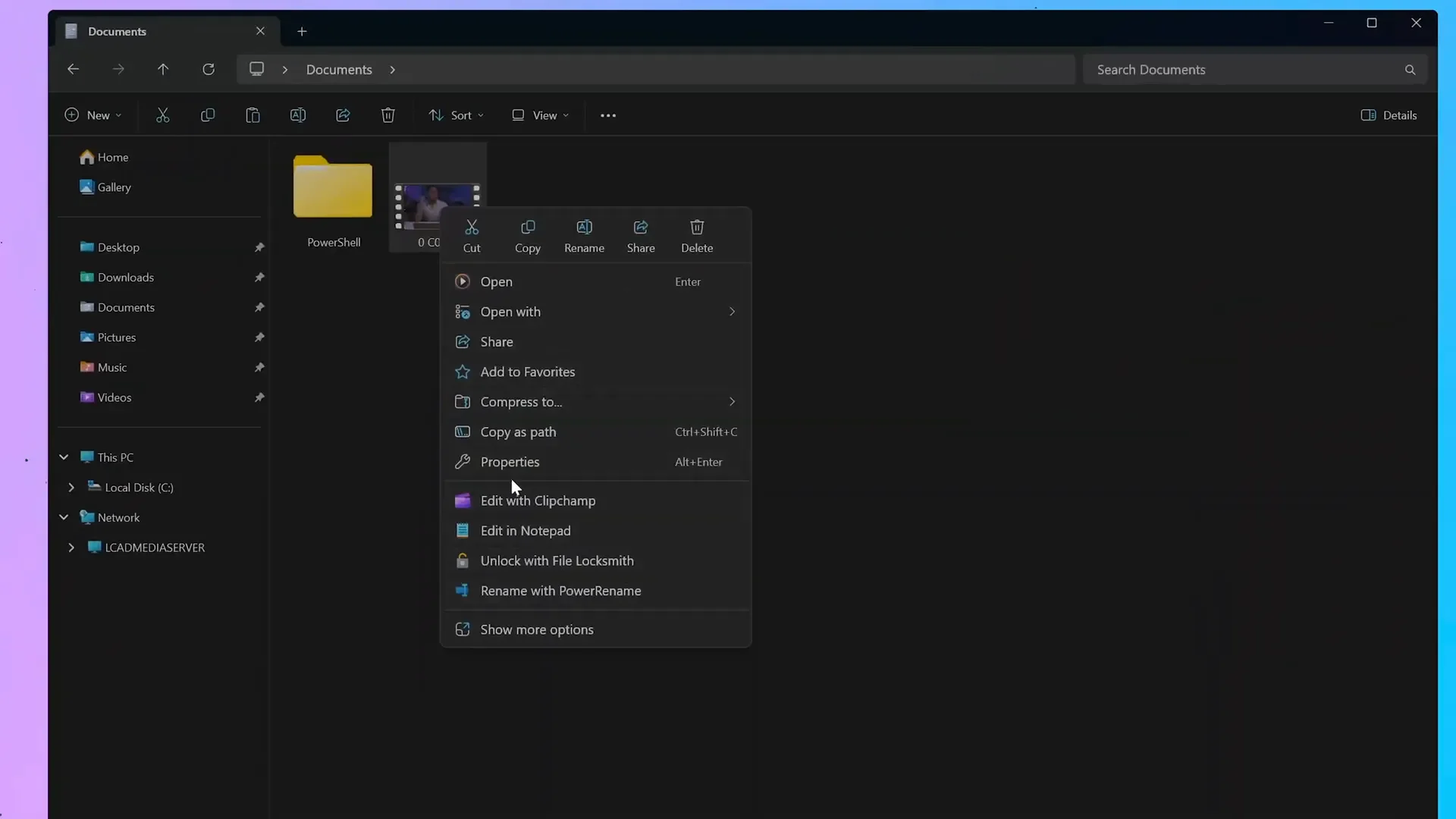 Windows right-click context menu with common options